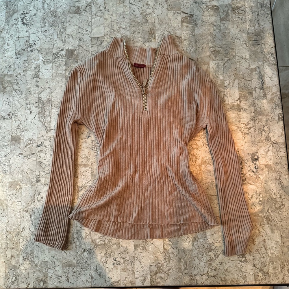 Women's Tan Ribbed Zip-Up Top